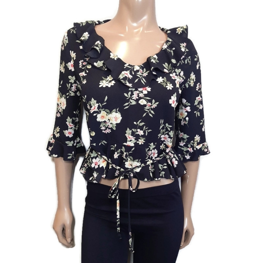 3/$20 Ripe Maternity Ruffled Floral Crop Top Tie Waist 3/4 Sleeve Crepe Blouse
